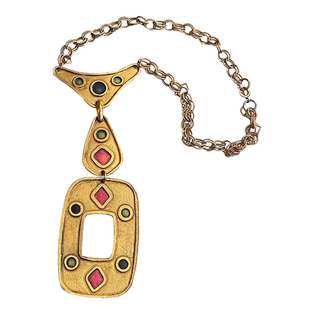 1970s Vintage Gold Egyptian Revival Statement Necklace: This is part of Chairish's Costume Jewelry assortment. Vintage Gold Egyptian Revival Statement Necklace Long 3 Tier Large 1970s ------------------ Fabulous 3 tier necklace...brassy gold with insets