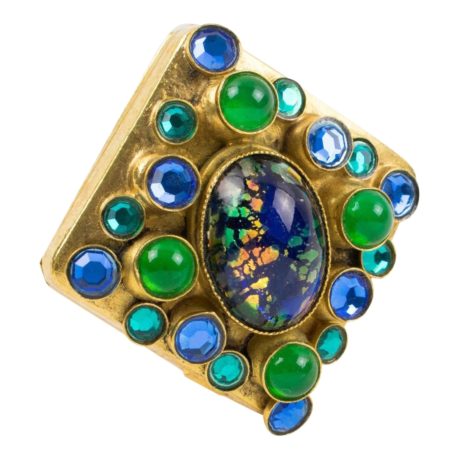 Henry Perichon Gilt Bronze Medieval Pin Brooch with Blue and Green Cabochons: This is part of Chairish's Costume Jewelry assortment. Stunning French jewelry designer Henry Perichon (also known as Henry) gilt bronze pin brooch. Medieval-inspired design ornate with ovoid poured