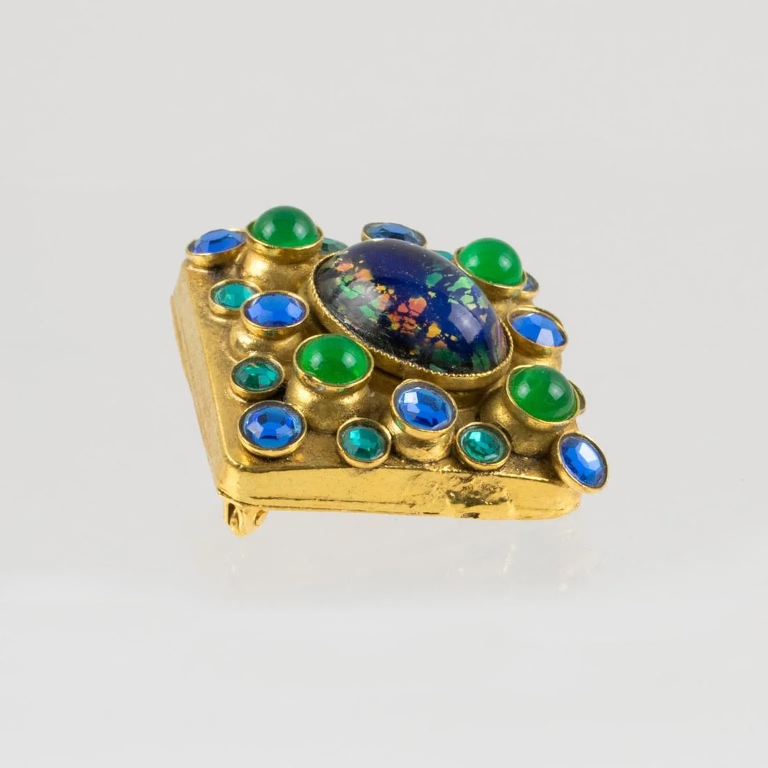 Henry Perichon Gilt Bronze Medieval Pin Brooch with Blue and Green Cabochons - 6