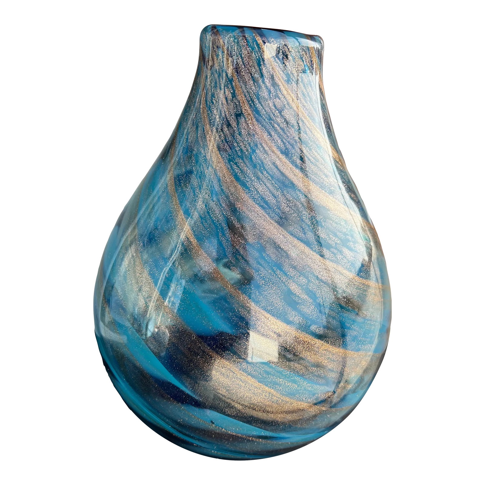 1980s Teal Swirled Vase: Teal Swirled Glass Vase with hints of Gold throughout . Measures almost a Foot tall. Condition: Alterations: Original Condition Unaltered Imperfections: Some Imperfections Condition Notes: In good