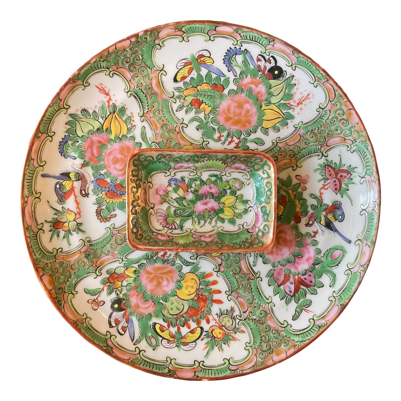 Antique Late 19th Century Medallion Rose Plate and Dish - Set of 2: Antique porcelain china circa the late 1800's.. Handpainted; very detailed One 8 W * 8''D * 1 H plate and one 3 1/4' wide, 2 1/4 depth, 1/2 ' tall rectangular dish. Condition: Alterations: Original