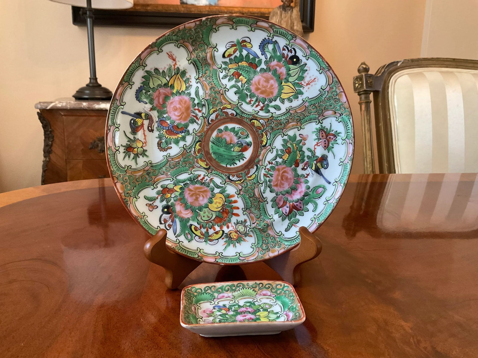 Antique Late 19th Century Medallion Rose Plate and Dish - Set of 2 - 2
