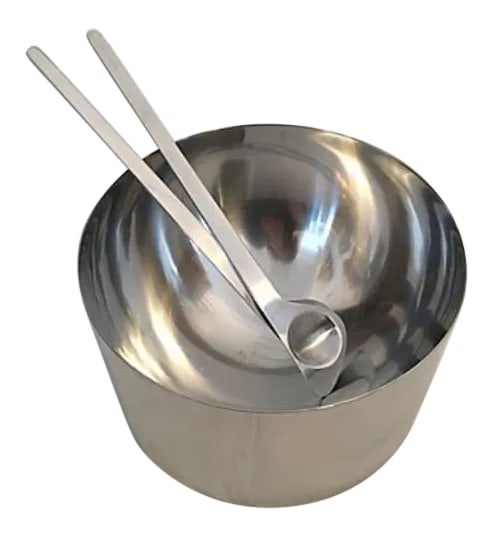 Stelton of Denmark Salad Serving Set: Mid-Century Modern Stelton of Denmark salad set designed by Arne Jacobsen for their Cylinda line. Salad bowl, 9.5"D; salad servers, 12.25"L. Sticker label "Stelton of Denmark." Age wear, scratches