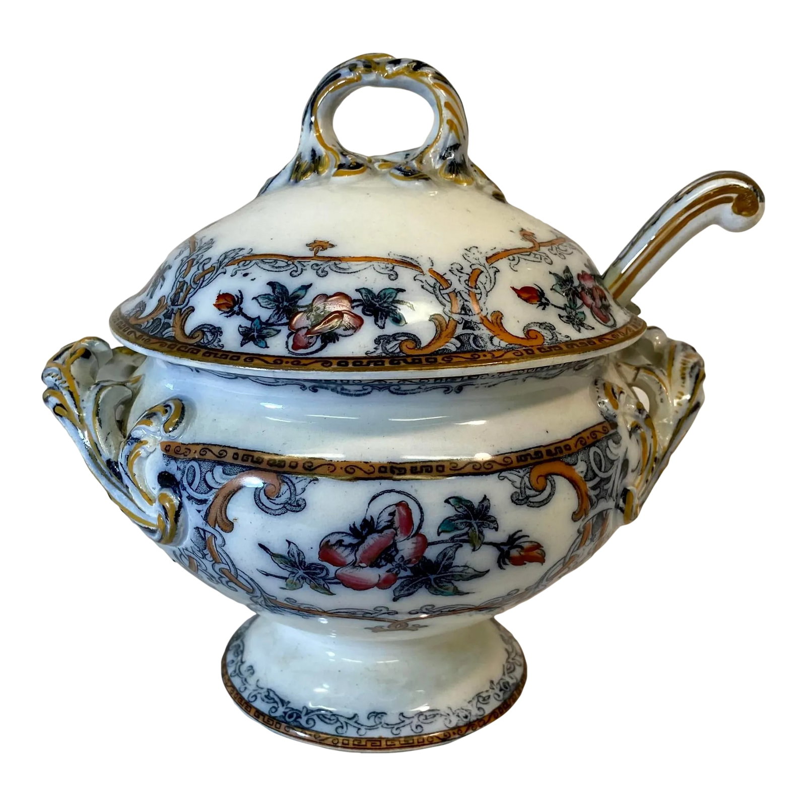 Antique Wedgwood Pearl-Ware Flow Blue Shannon Pattern Covered Sauce Tureen With Ladle From England -: Antique Wedgwood Pearl-Ware Flow Blue Shannon Pattern Covered Sauce Tureen With Ladle From England - Circa 1850 Measures - 6 7/8" W x 5 1/2" D x 7 1/2" T Ladle measures - 6 1/4" L x 2 1/4" D x 2 1/2"