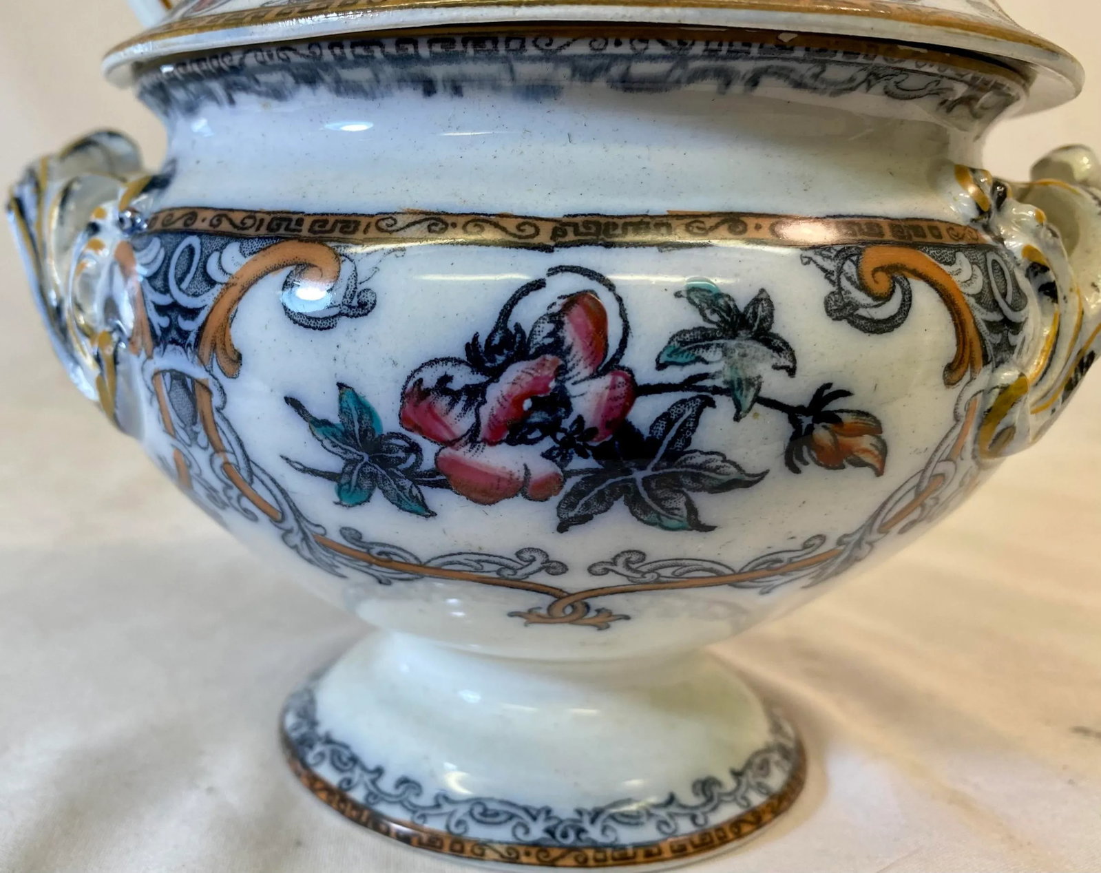 Antique Wedgwood Pearl-Ware Flow Blue Shannon Pattern Covered Sauce Tureen With Ladle From England - - 7