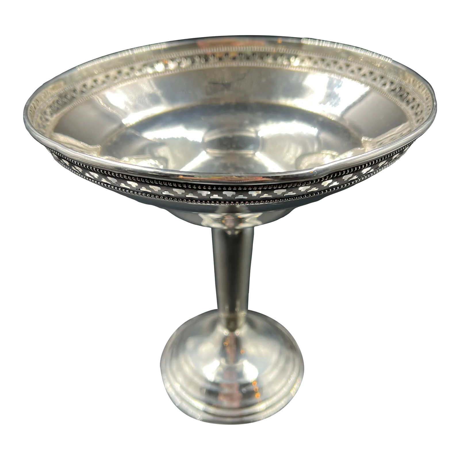 Antique Sterling Silver Compote: Beautiful sterling silver compote with very unusual, pierced rim. Made by the Elgin Silver Company AKA El Sil Co. of USA. The compote has a weighted base and reinforced rod. Compotes are wonderful to