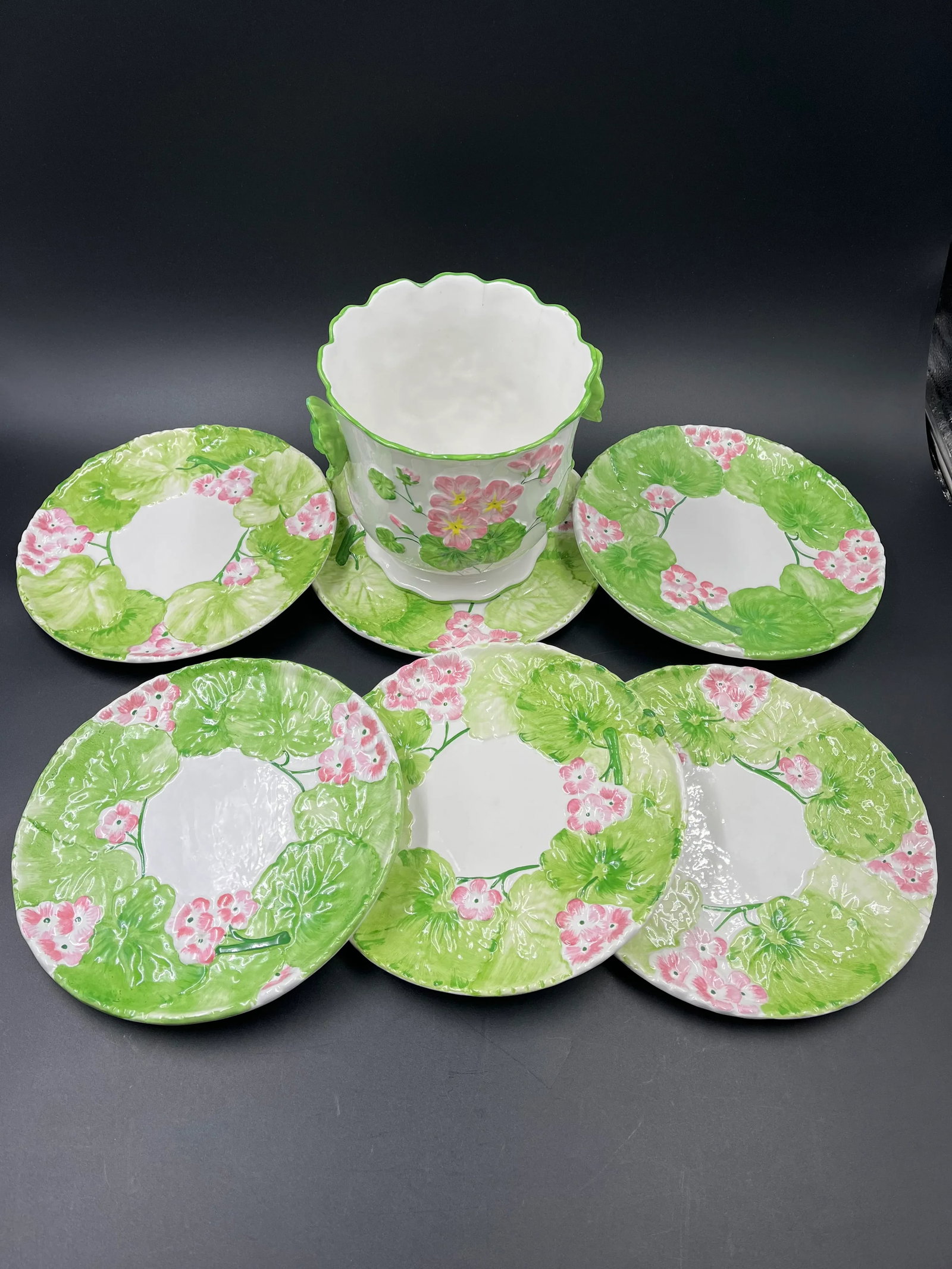 Italian Floral Cachepot & 6 Matching Dessert Plates- 7 Pieces - 10