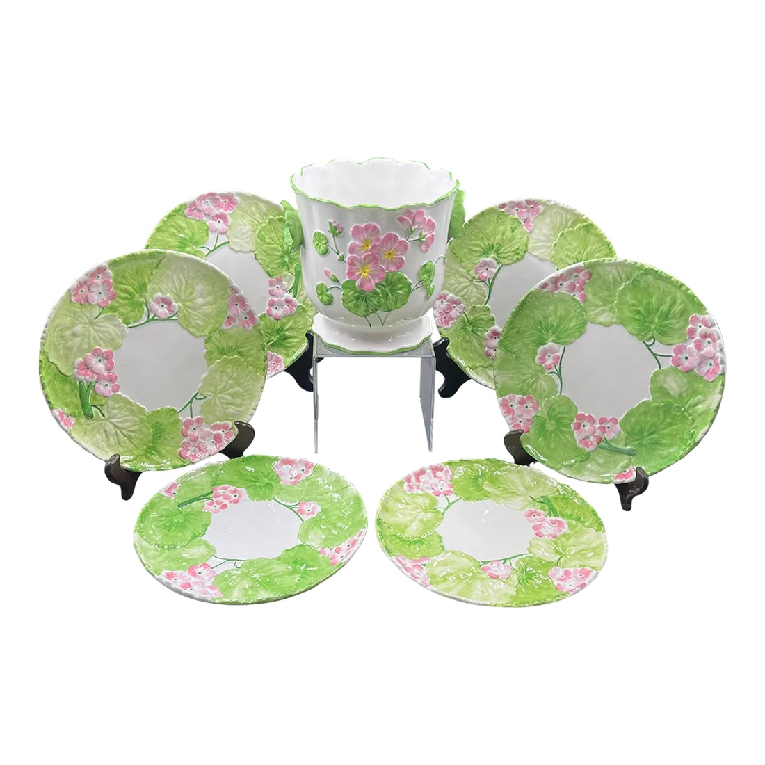 Italian Floral Cachepot & 6 Matching Dessert Plates- 7 Pieces: Floral Cachepot/Jardiniere and six (6) matching plates. Hand painted pink geranium design with bright green leaves. The Cachepot has leaf handles on each side & a bunch of pink geraniums on the front