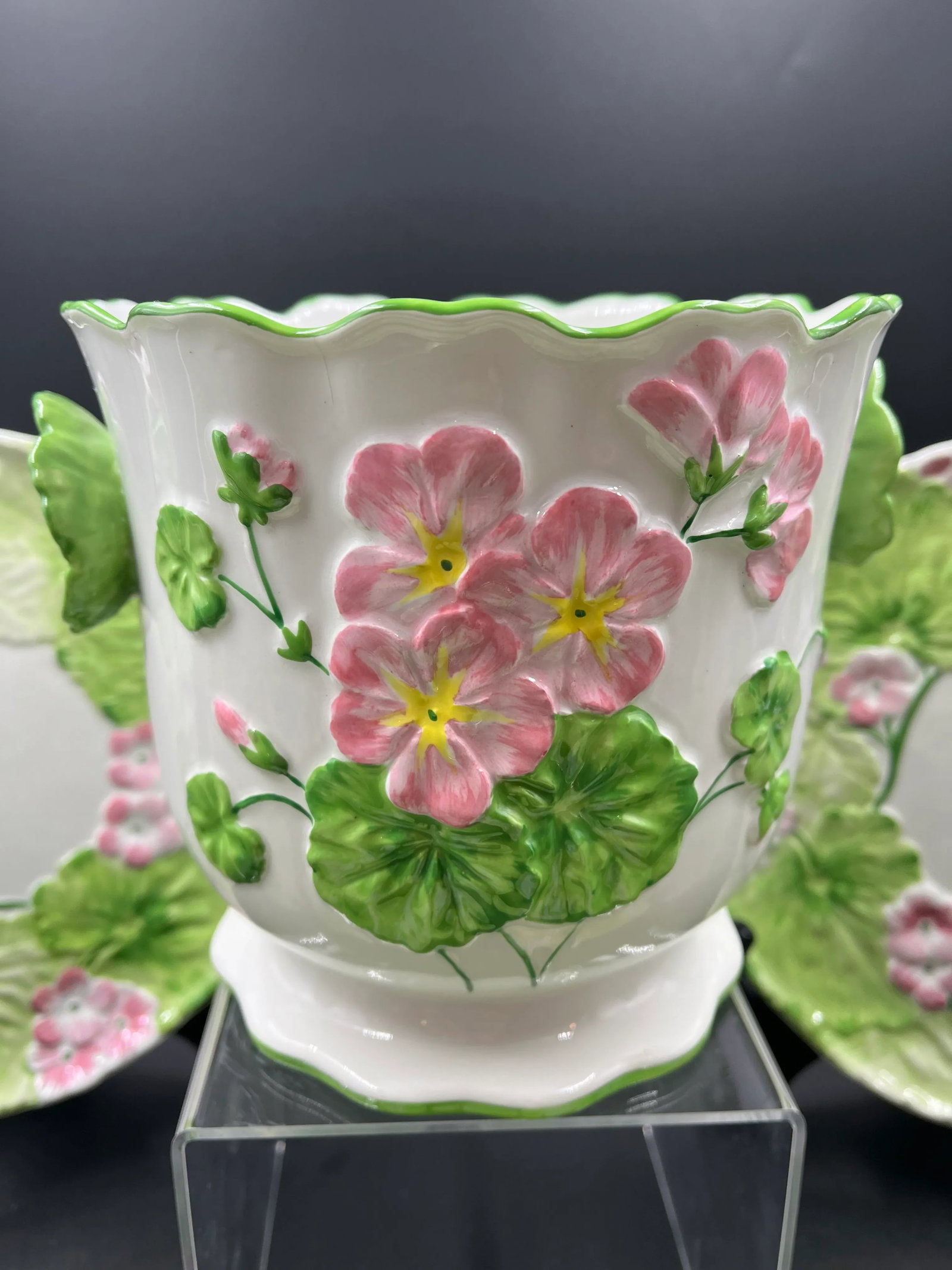 Italian Floral Cachepot & 6 Matching Dessert Plates- 7 Pieces - 2