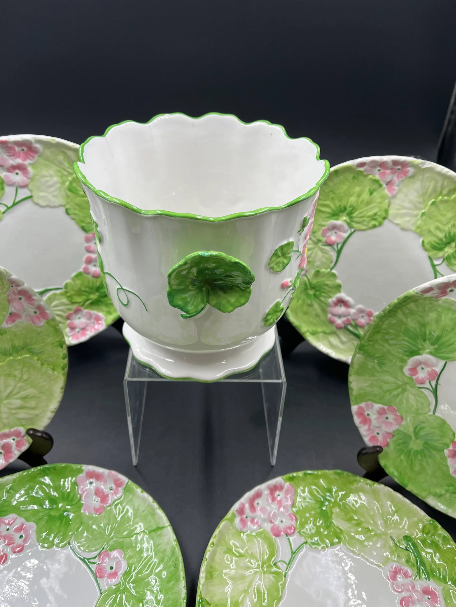 Italian Floral Cachepot & 6 Matching Dessert Plates- 7 Pieces - 3
