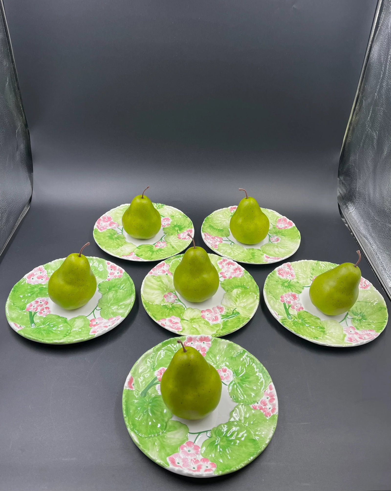 Italian Floral Cachepot & 6 Matching Dessert Plates- 7 Pieces - 7