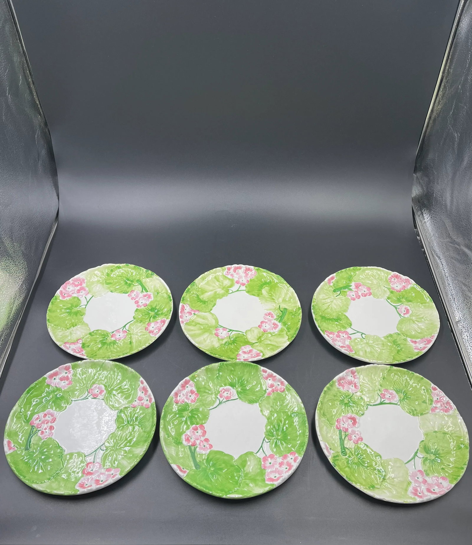 Italian Floral Cachepot & 6 Matching Dessert Plates- 7 Pieces - 9