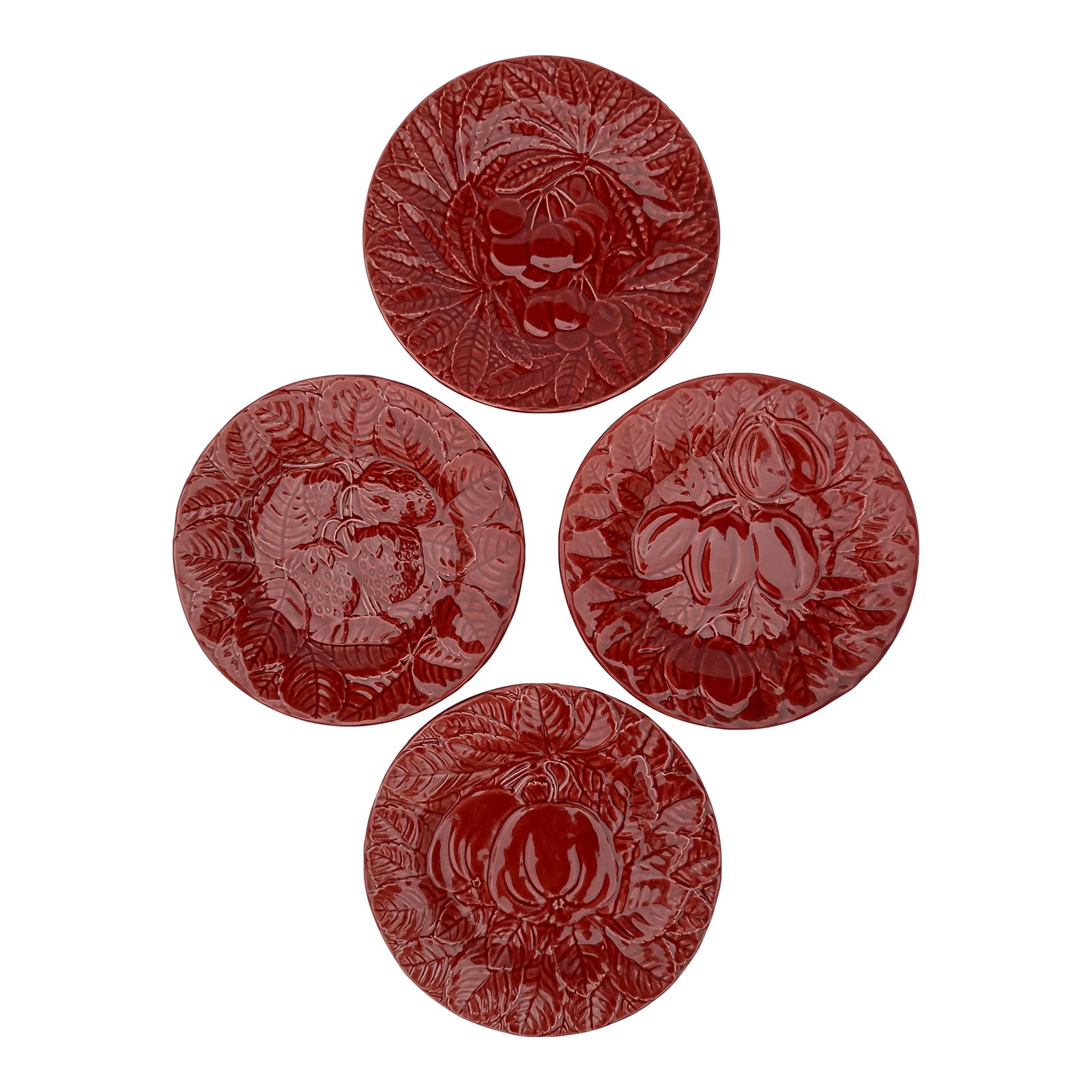 Early 20th Century Majolica Red Little Tea Plates- Set of 4: 20th century Portuguese made Majolica Red Tea Plates - dessert size. Beautiful addition to your tableware. Condition: Alterations: Original Condition Unaltered Imperfections: Some Imperfections