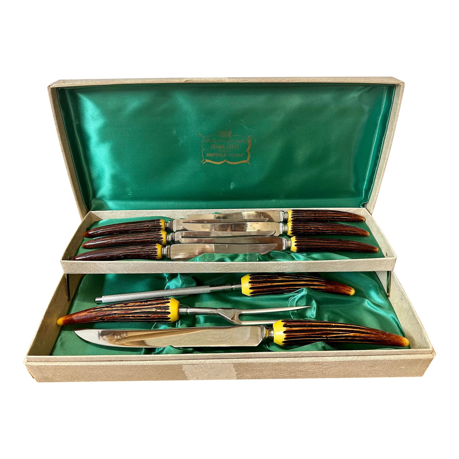Vintage Crown Crest Sheffield England Faux Antler Handle Cutlery Cutlery: A delightful set of faux antler handles cutlery by Crown Crest, Sheffield England. Six steak knives, carving knife and fork and sharpening steel. Original certificate in box. The cutlery is in