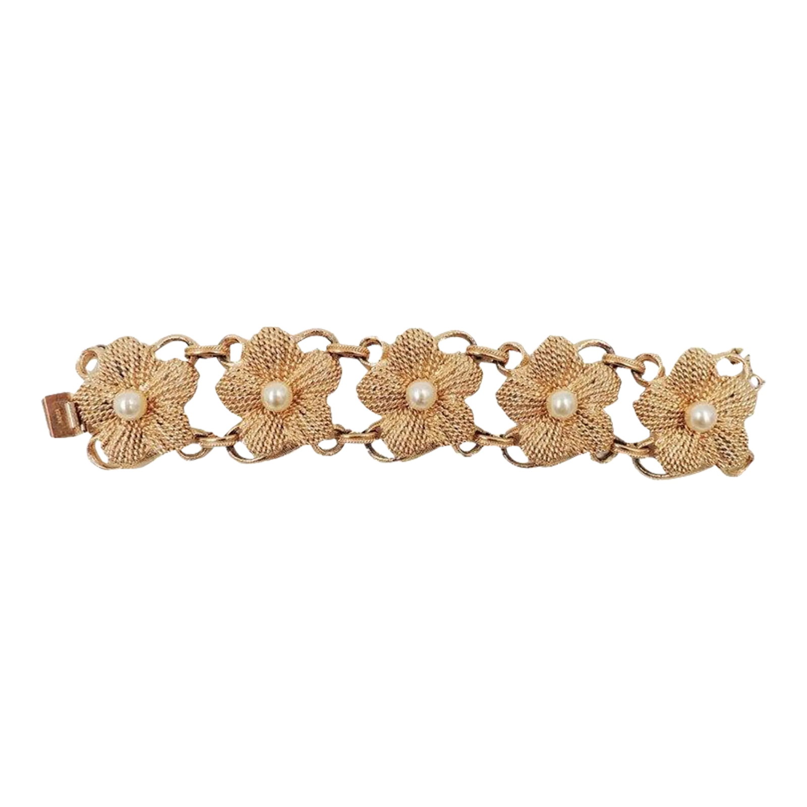 Vintage 1950s Signed Napier Goldtone Faux-Pearl Flower Link Bracelet: This is part of Chairish's Costume Jewelry assortment. Hard to find 1950s textured goldtone and faux-pearl flower link bracelet with box clasp and security chain. Marked "Napier." Measures: 7 3/8