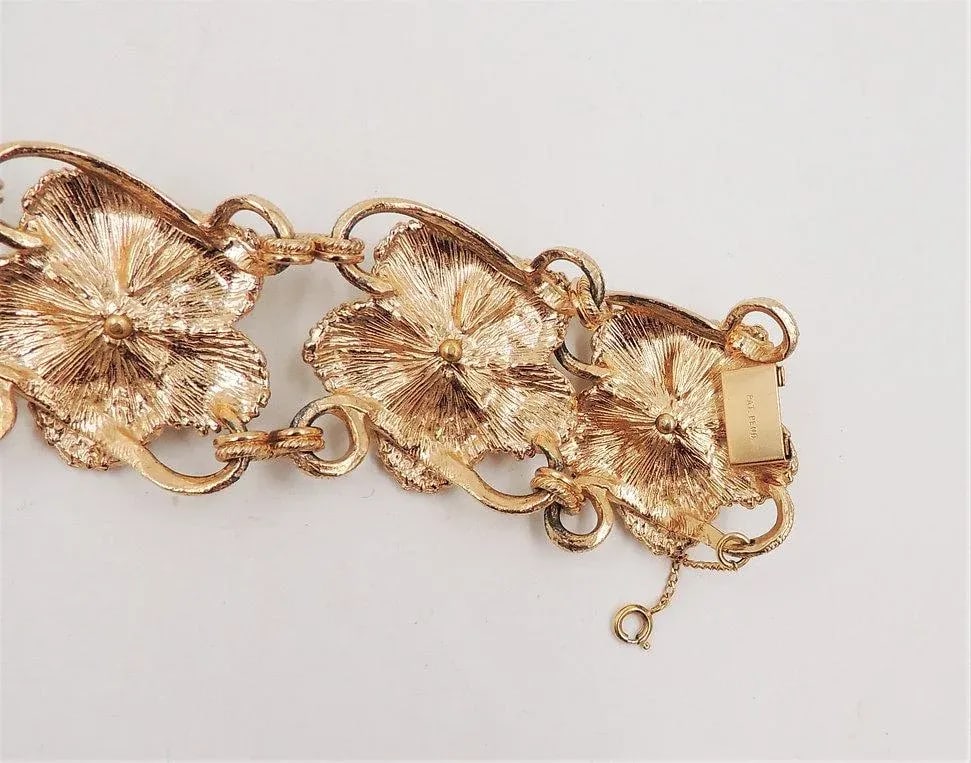 Vintage 1950s Signed Napier Goldtone Faux-Pearl Flower Link Bracelet - 9