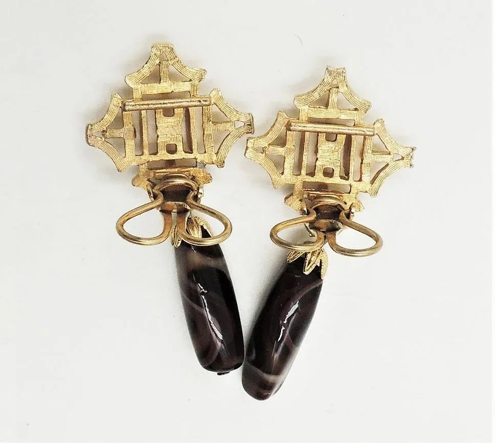 Vintage 1960s Signed Napier Faux-Agate Drop Clip Earrings - 2 Pieces - 2