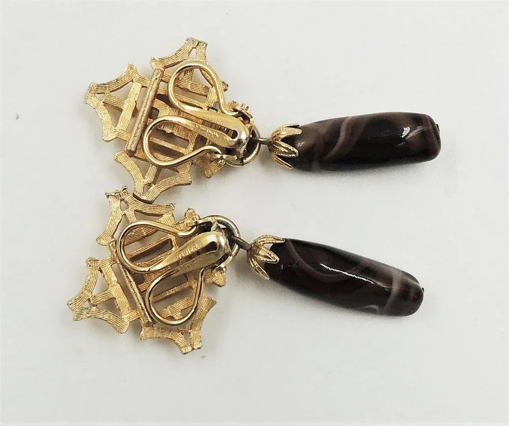 Vintage 1960s Signed Napier Faux-Agate Drop Clip Earrings - 2 Pieces - 4