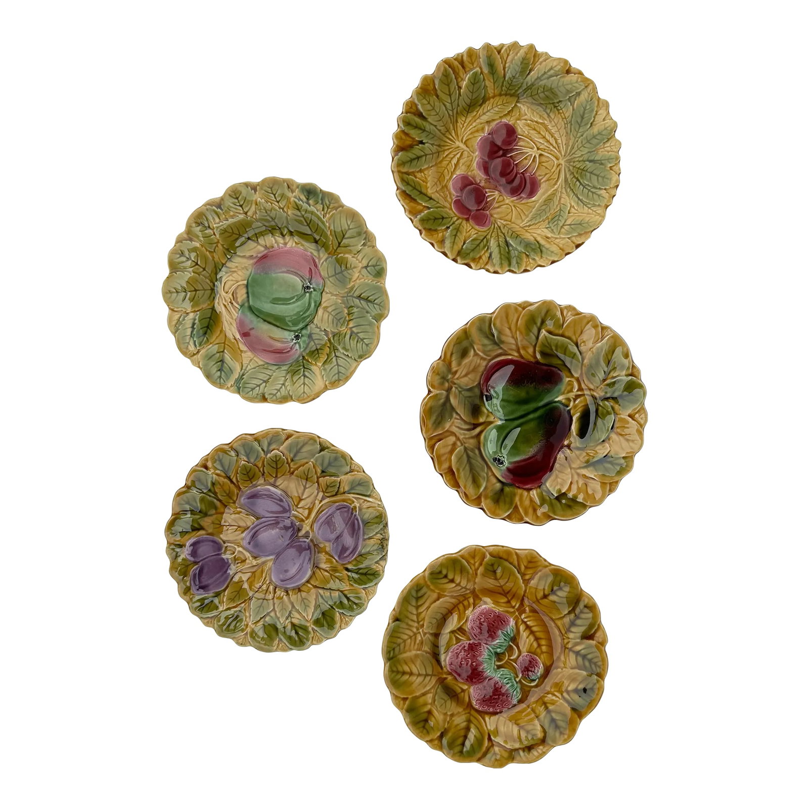 Antique French Majolica Embossed Fruit Plates- Set of 5: Early 20th Century Majolica embossed fruit plates will add a classic & fun touch to your tableware. Condition: Alterations: Original Condition Unaltered Imperfections: Some Imperfections Condition