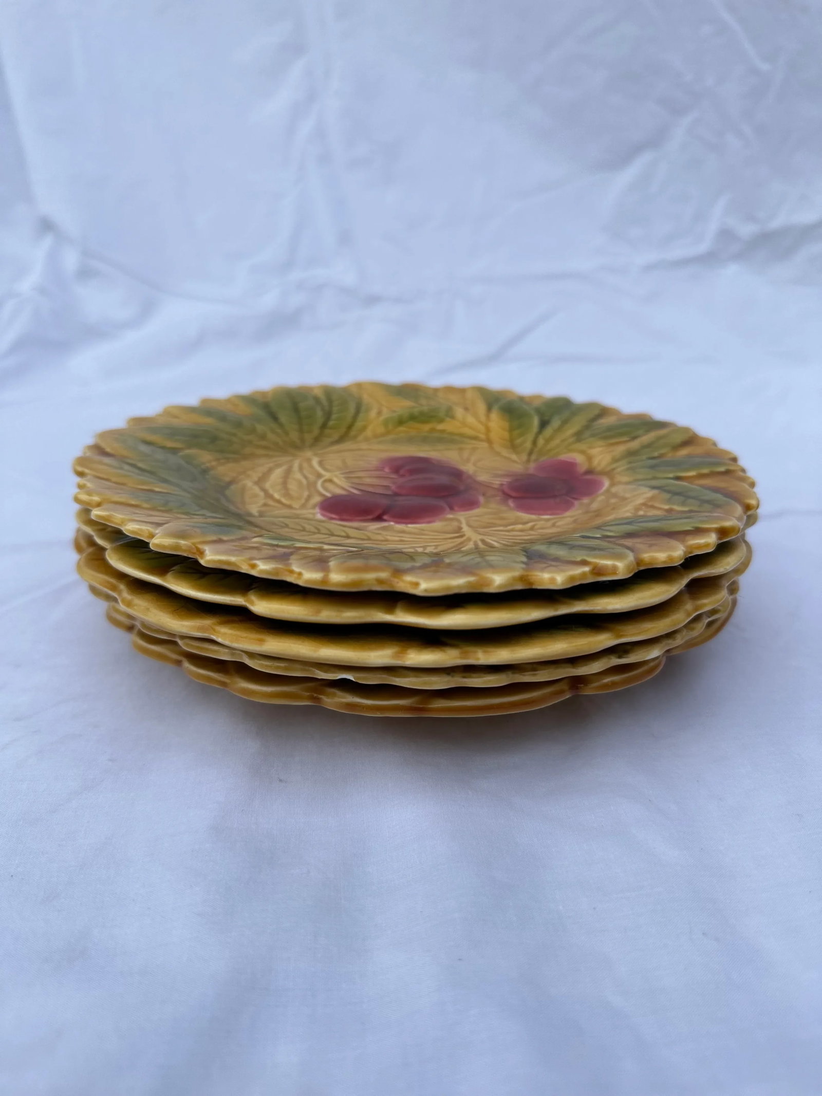 Antique French Majolica Embossed Fruit Plates- Set of 5 - 2