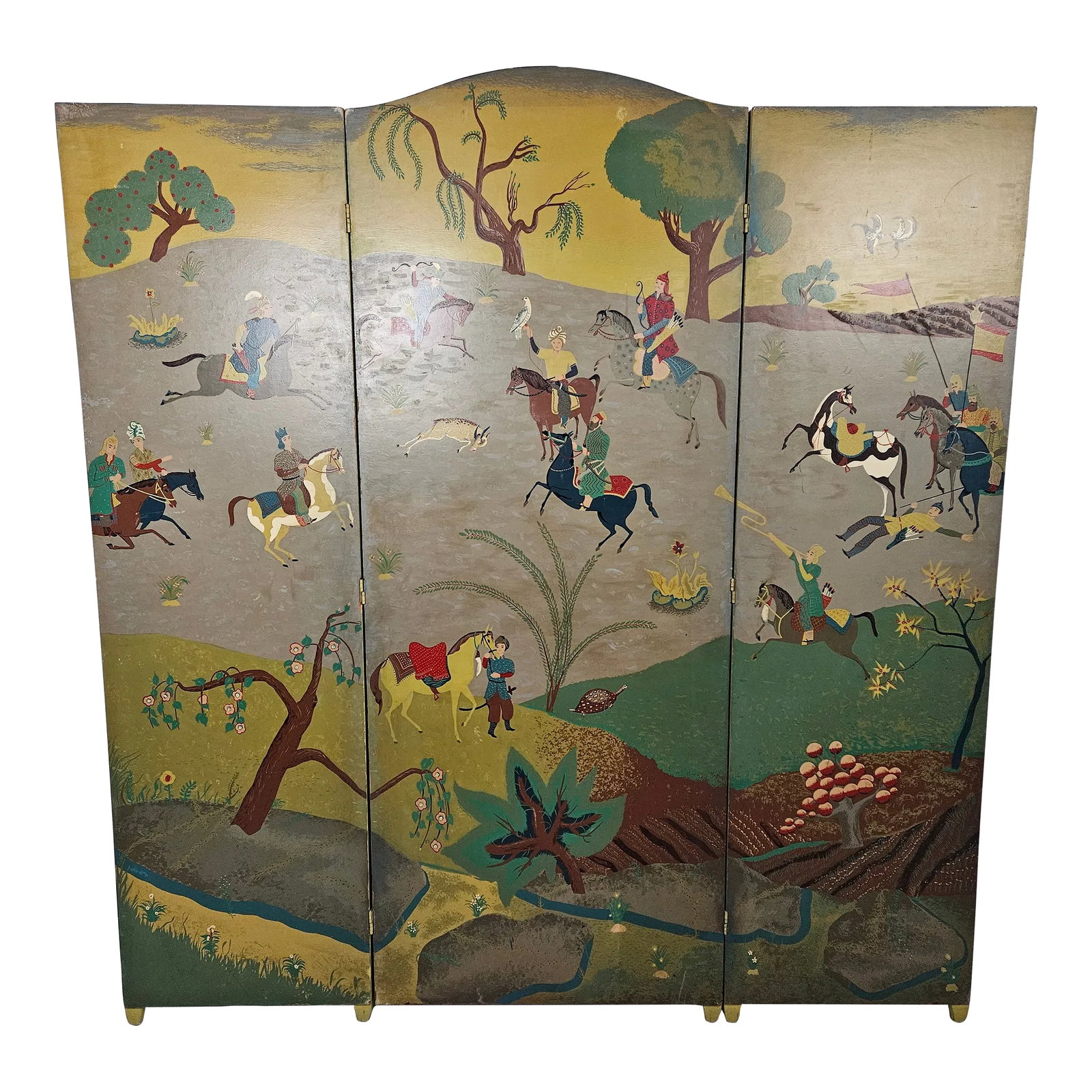 Mid 20th Century Bernard Steffen "Persian Panorama" Tri-Fold Wood Screen: "Persian Panorama" Folk art, tri-fold screen or room divider designed by Georg Jensen, Denmark, Limited production screen. A stunning piece. Condition: Alterations: Original Condition Unaltered