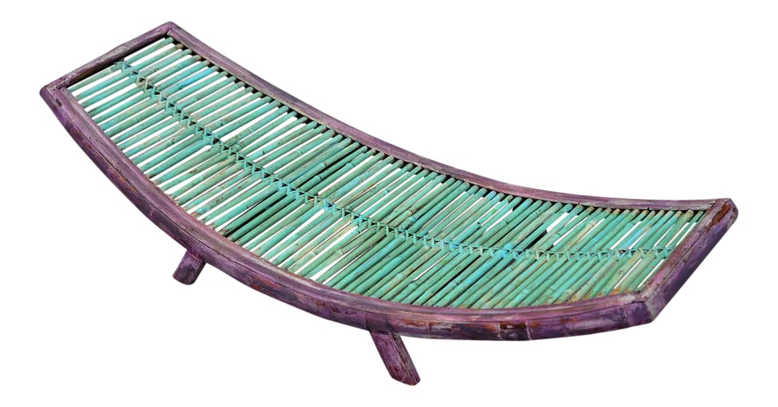 Vintage Mid Century Modern Painted Bamboo Magazine Rack: A unique and rare handmade vintage bamboo magazine rack painted in mint green and purple. It's rustic, hobo and modern all at the same time with strong splash of color! In excellent vintage