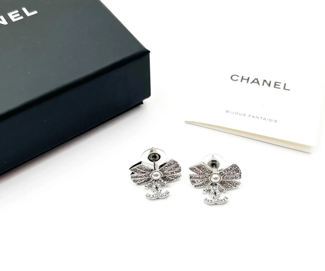 Chanel Silver Ribbon Row CC Crystal Piercing Earrings - 2 Pieces - 2