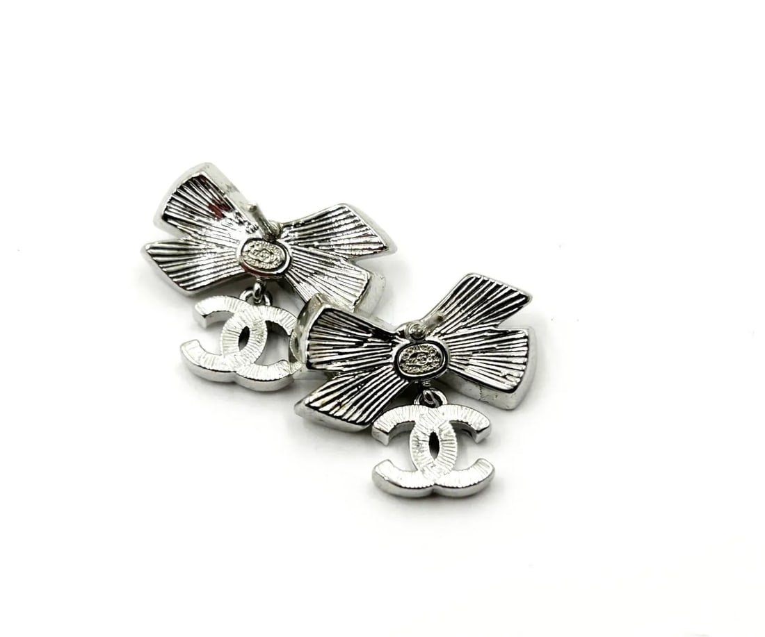 Chanel Silver Ribbon Row CC Crystal Piercing Earrings - 2 Pieces - 3