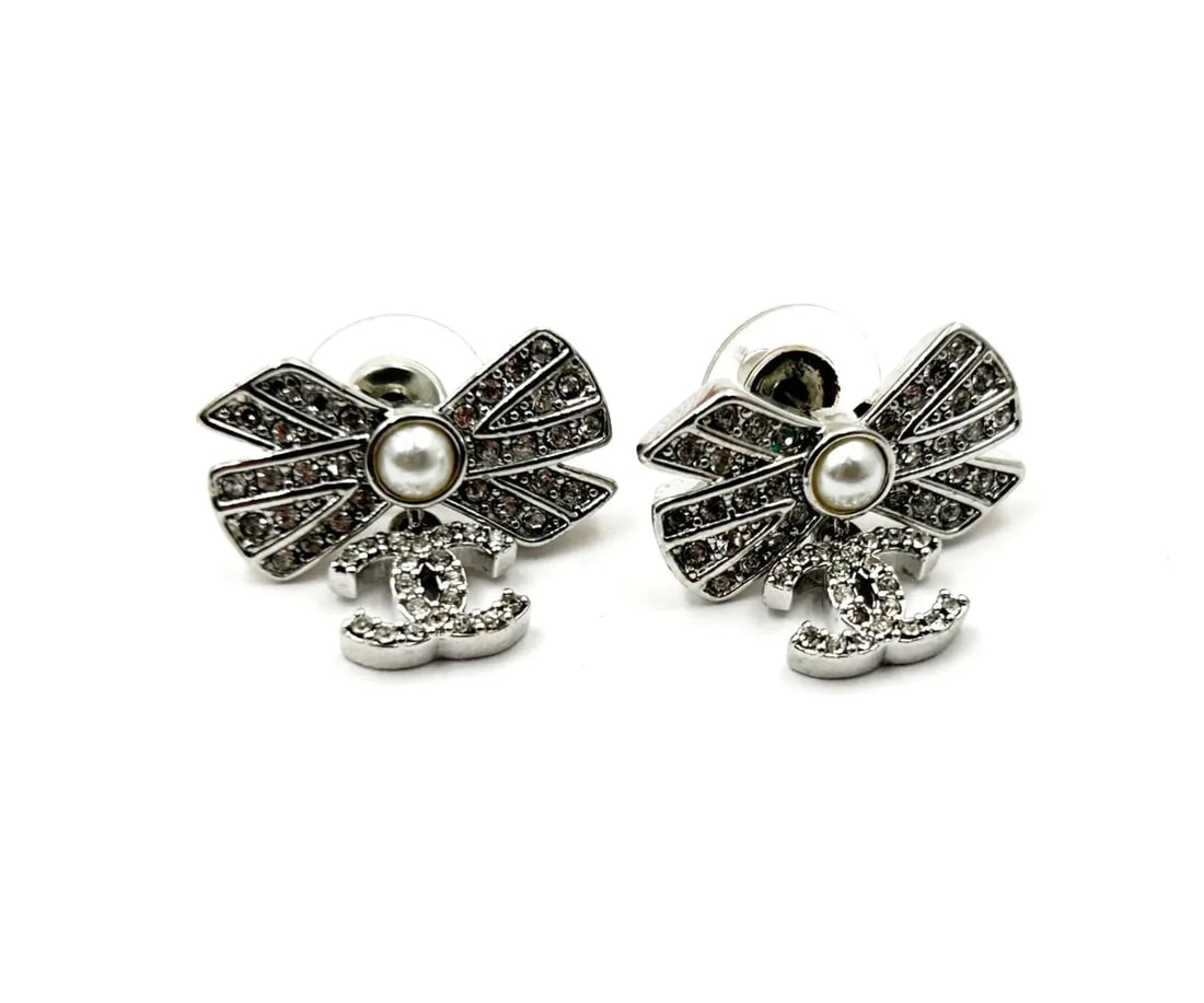 Chanel Silver Ribbon Row CC Crystal Piercing Earrings - 2 Pieces - 4