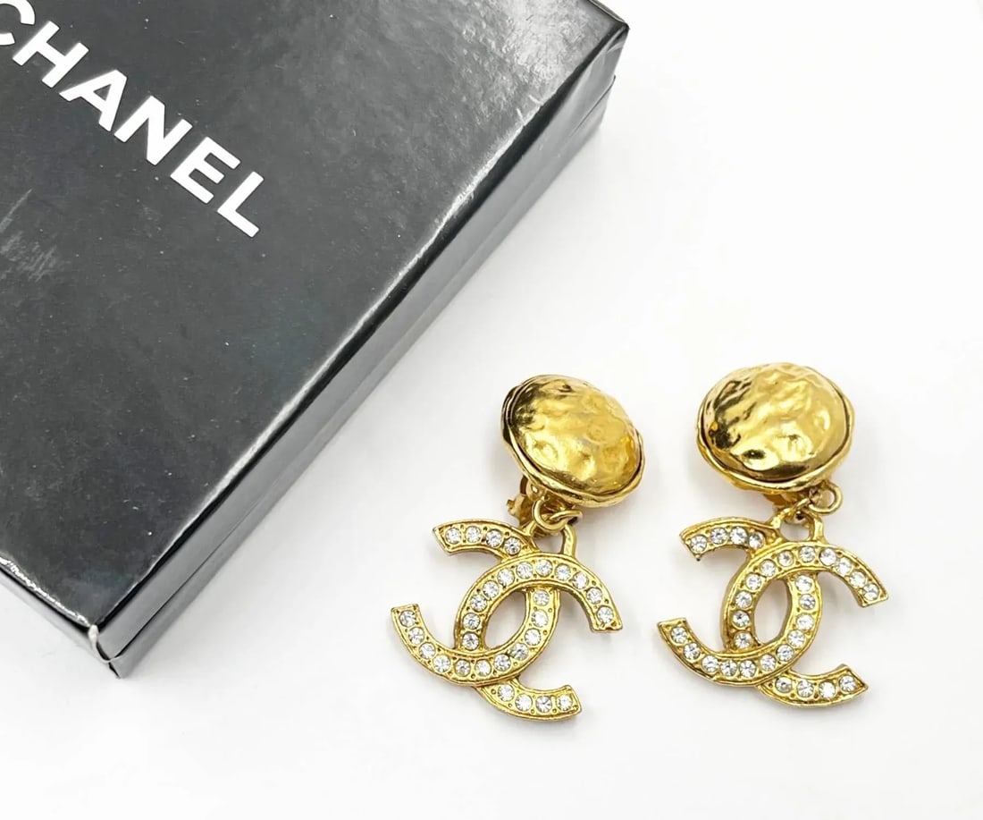 Chanel Vintage Gold Plated Round Texture CC Crystal Dangle Clip on Earrings - 2 Pieces - 2