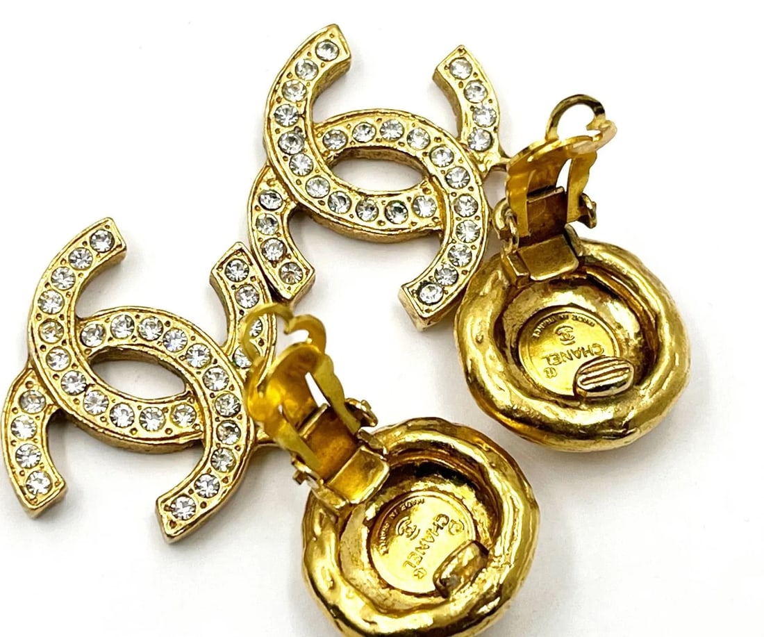 Chanel Vintage Gold Plated Round Texture CC Crystal Dangle Clip on Earrings - 2 Pieces - 3