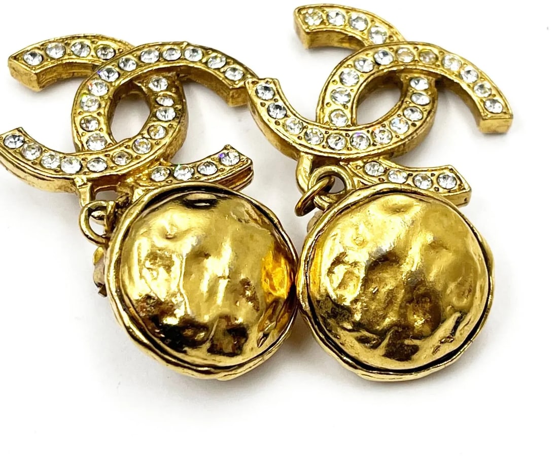 Chanel Vintage Gold Plated Round Texture CC Crystal Dangle Clip on Earrings - 2 Pieces - 4