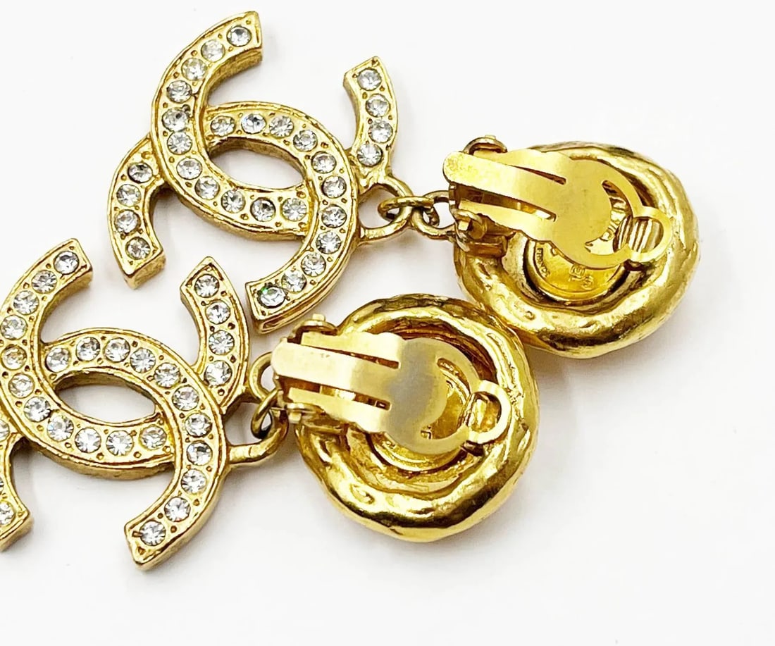 Chanel Vintage Gold Plated Round Texture CC Crystal Dangle Clip on Earrings - 2 Pieces - 5