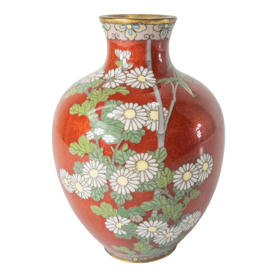 Early 20th Century Japanese Cloisonne Enamel Vase With Chrysanthemum: We are selling this beautiful small Japanese Meiji cloisone vase. This vase has decoration of a central bamboo stalk with some leaves and large chrystanthemum plant all on a red ginbari type ground.