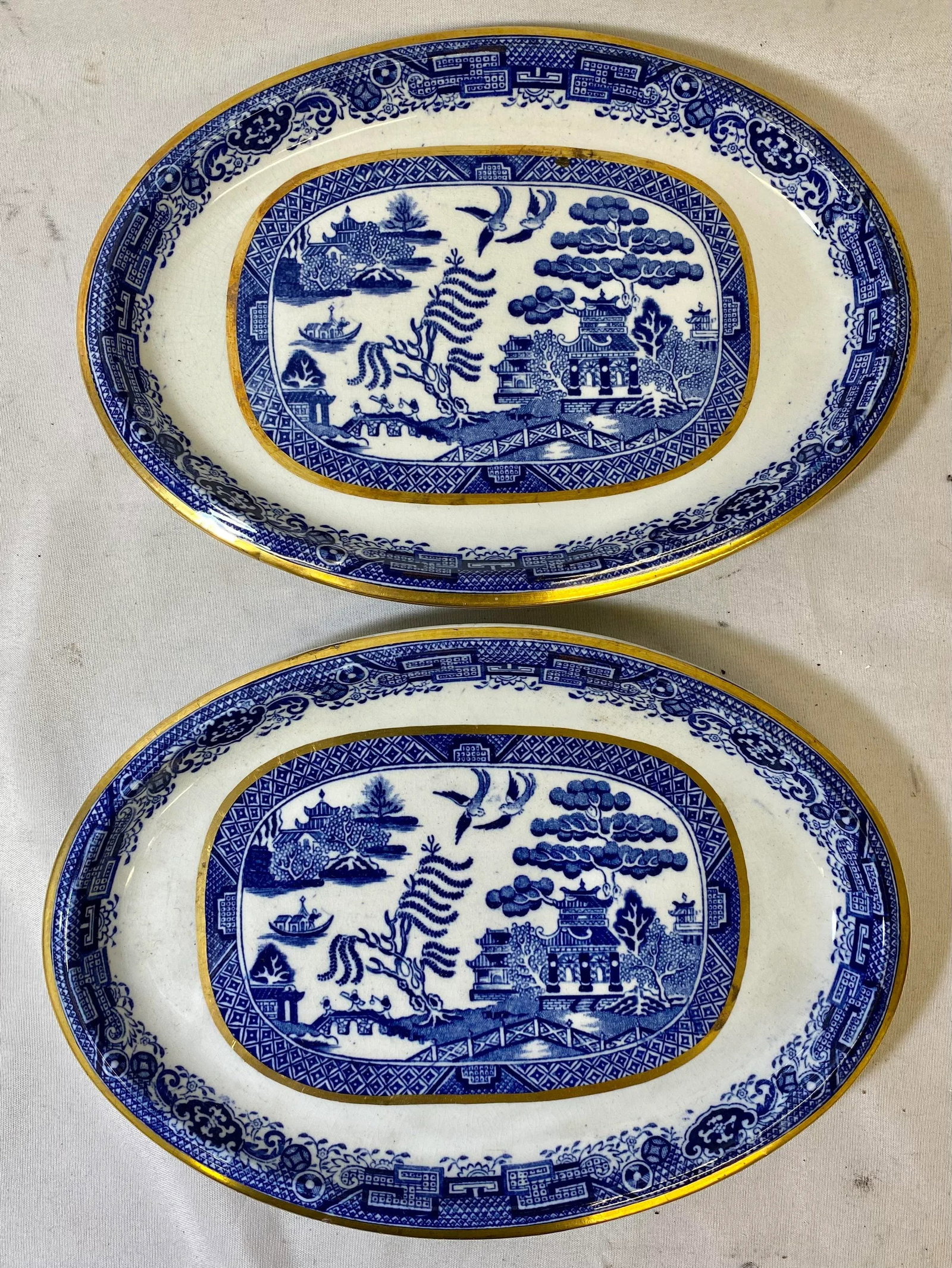 Antique Pair of Gold Rimmed Beech Hancock & Company Oval Blue Willow Side Dish/Vegetable Serving Dis - 11