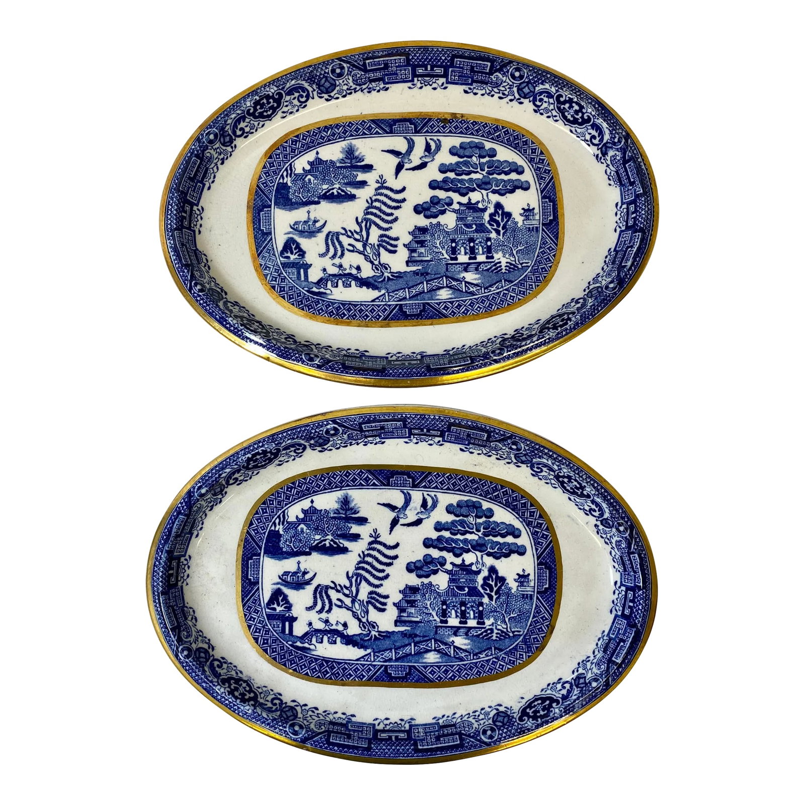 Antique Pair of Gold Rimmed Beech Hancock & Company Oval Blue Willow Side Dish/Vegetable Serving Dis: Antique Pair of Gold Rimmed Beech Hancock & Company Oval Blue Willow Side Dish/Vegetable Serving Dishes From England - Circa 1851. Each measures 9 3/8" W x 6 1/2" D x 7/8" T Condition: Alterations: