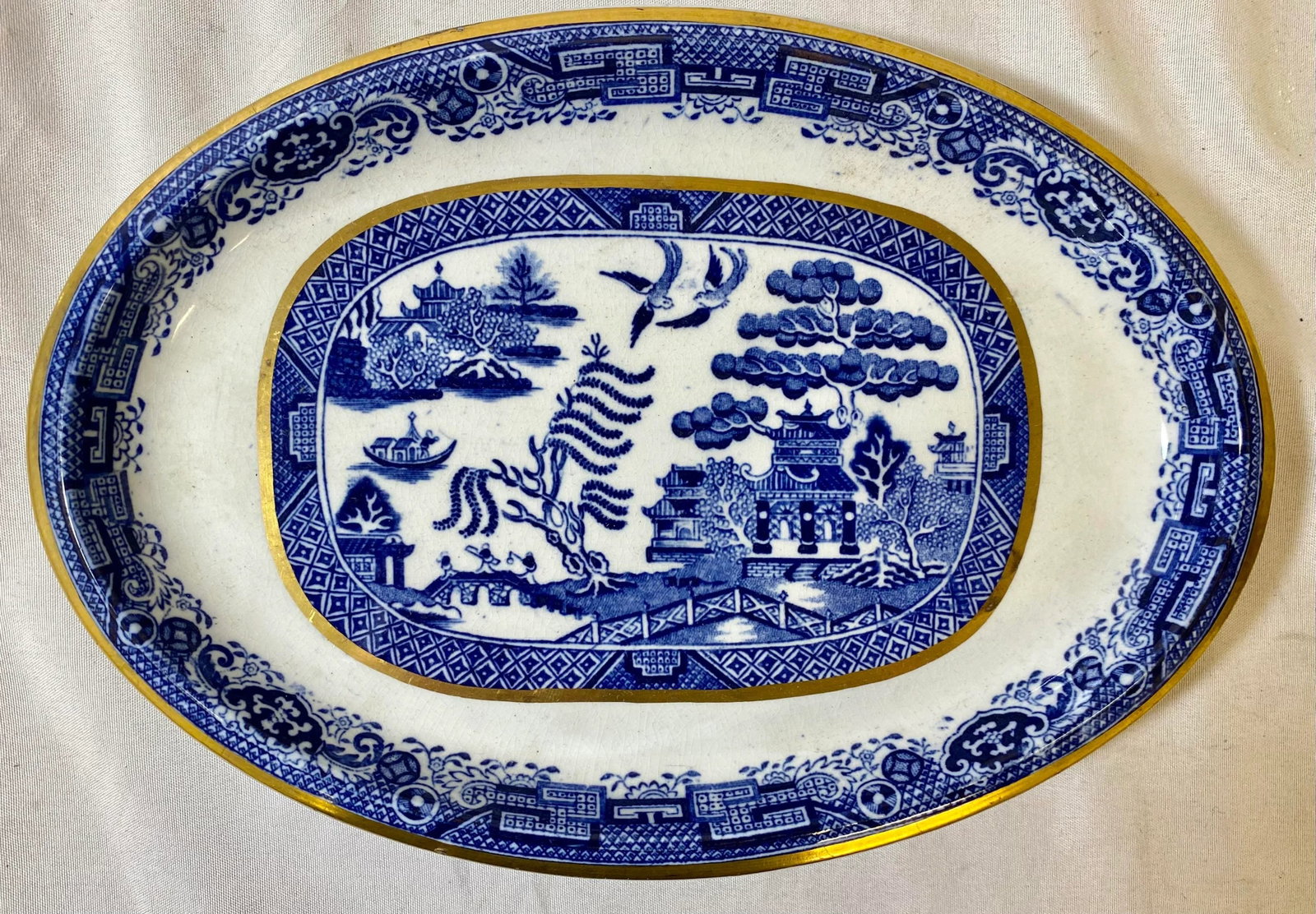 Antique Pair of Gold Rimmed Beech Hancock & Company Oval Blue Willow Side Dish/Vegetable Serving Dis - 3