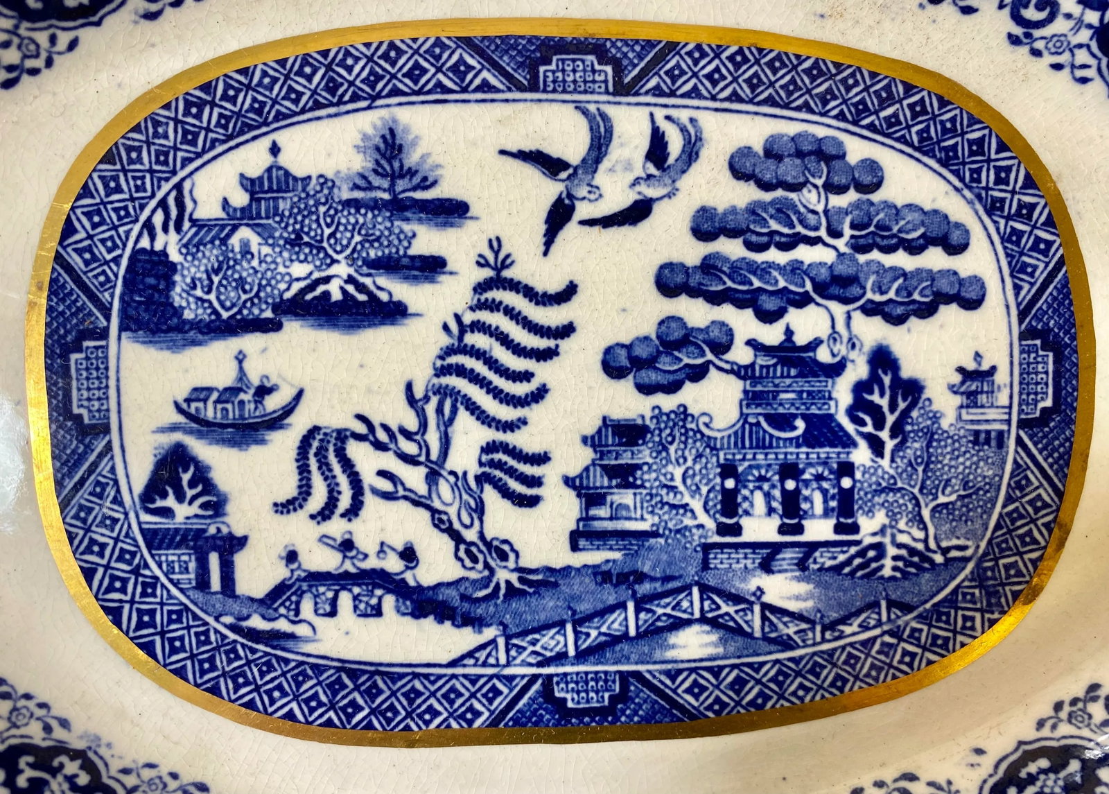 Antique Pair of Gold Rimmed Beech Hancock & Company Oval Blue Willow Side Dish/Vegetable Serving Dis - 4