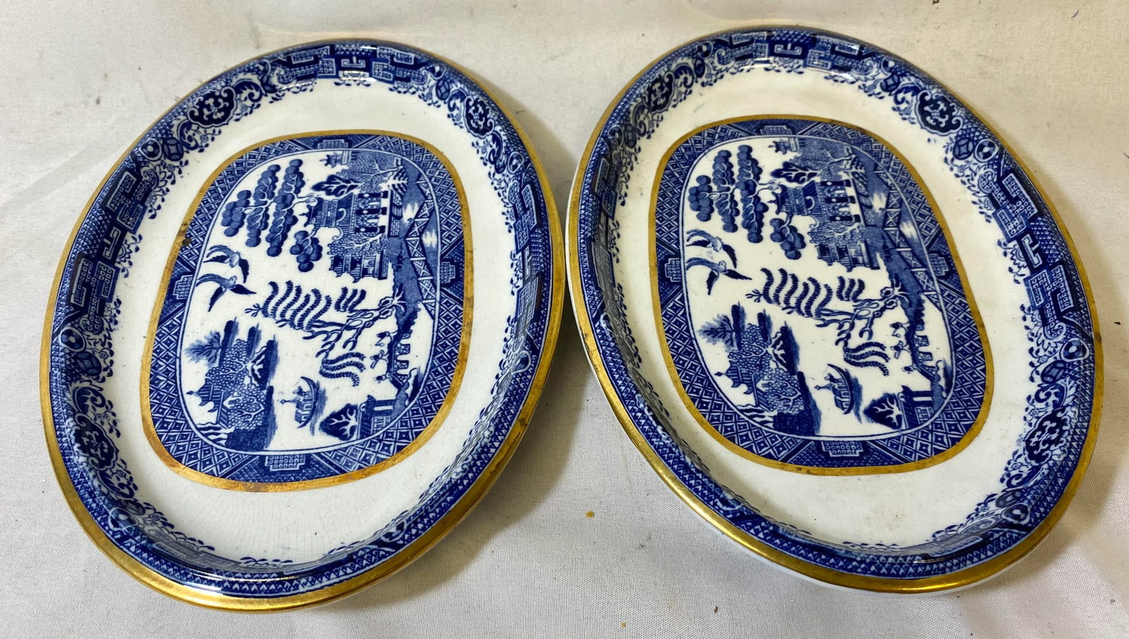 Antique Pair of Gold Rimmed Beech Hancock & Company Oval Blue Willow Side Dish/Vegetable Serving Dis - 9