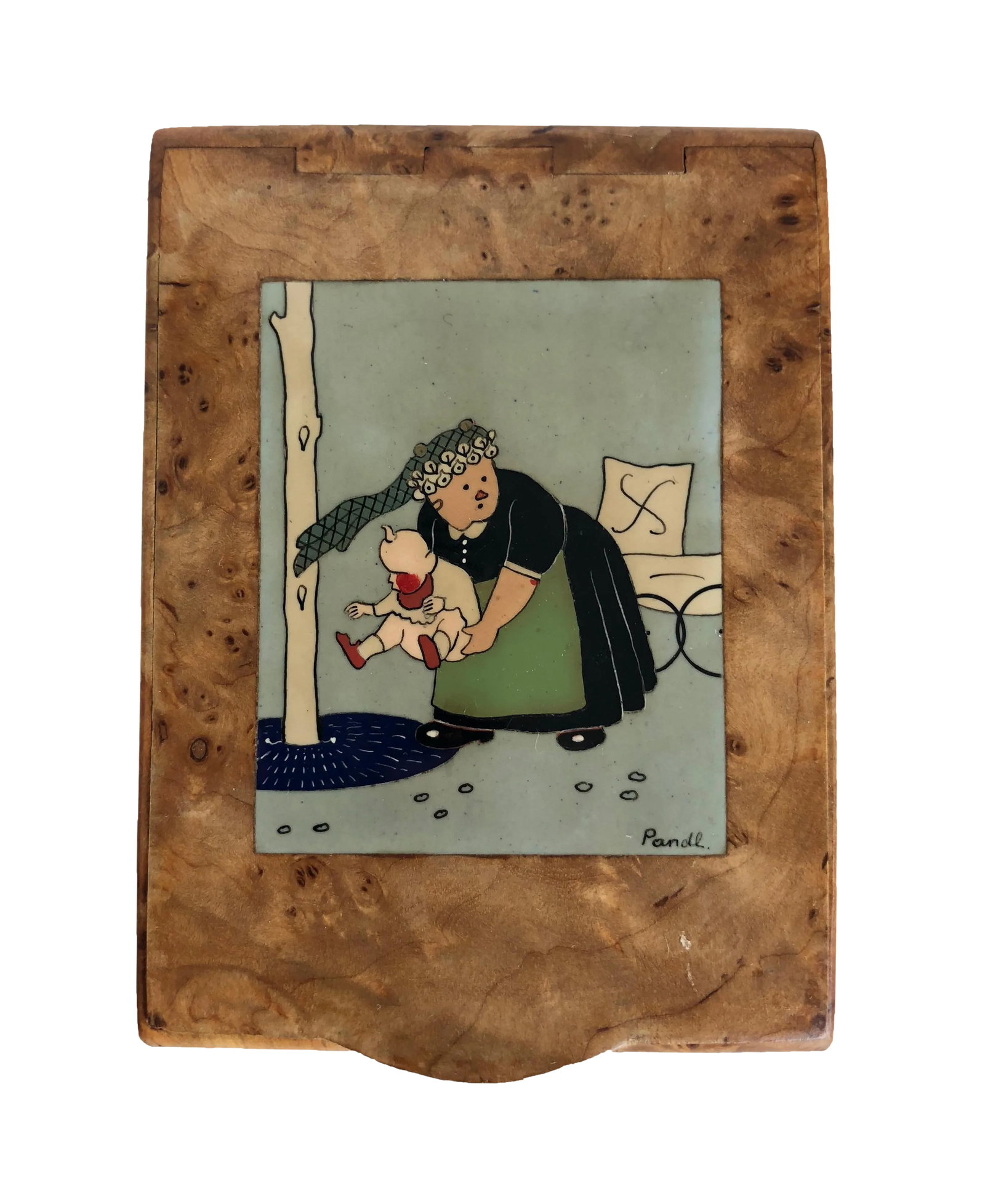 Art Deco French Cigarette Box With a Nanny Holding a Crying Baby Motif: French Art Deco cigarette box made from burl wood with a painted inlaid scene of a nanny taking care of a crying baby. The front is signed, and the box also has two markings on the interior. Be sure