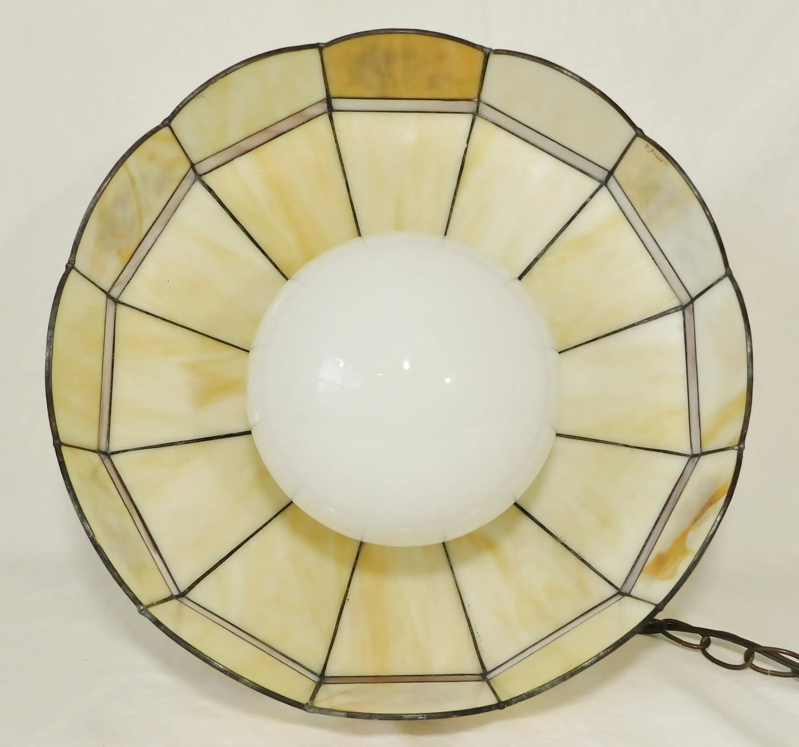 Vintage C1970s Signed Yellow Caramel & Purple Lilac Swirl Slag Glass Floral Pendant Light Chandelier - 11
