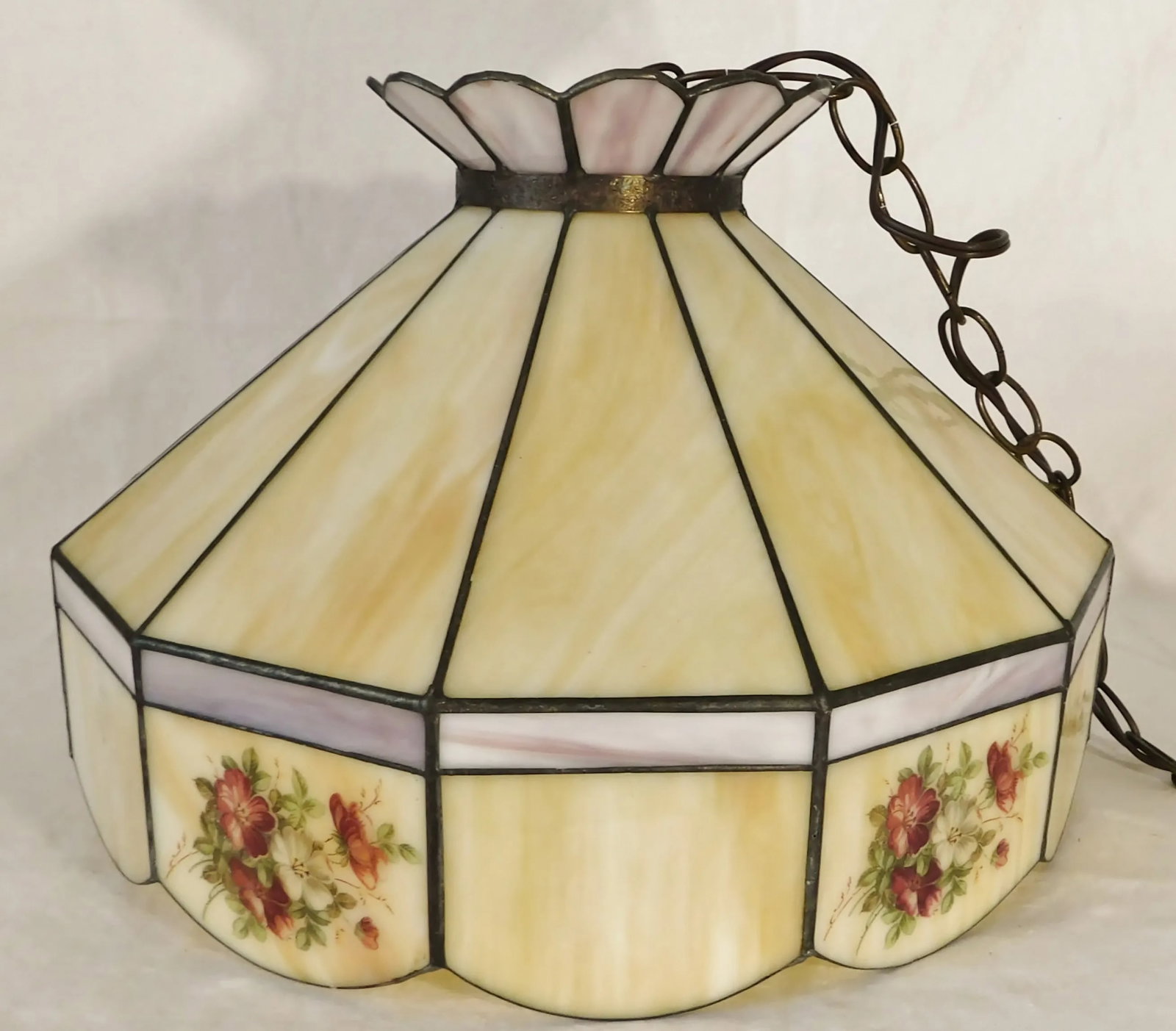 Vintage C1970s Signed Yellow Caramel & Purple Lilac Swirl Slag Glass Floral Pendant Light Chandelier - 12