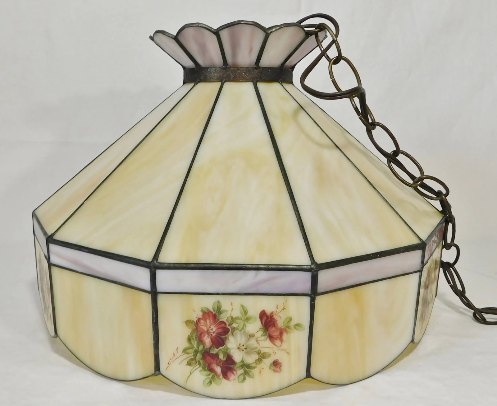 Vintage C1970s Signed Yellow Caramel & Purple Lilac Swirl Slag Glass Floral Pendant Light Chandelier - 3