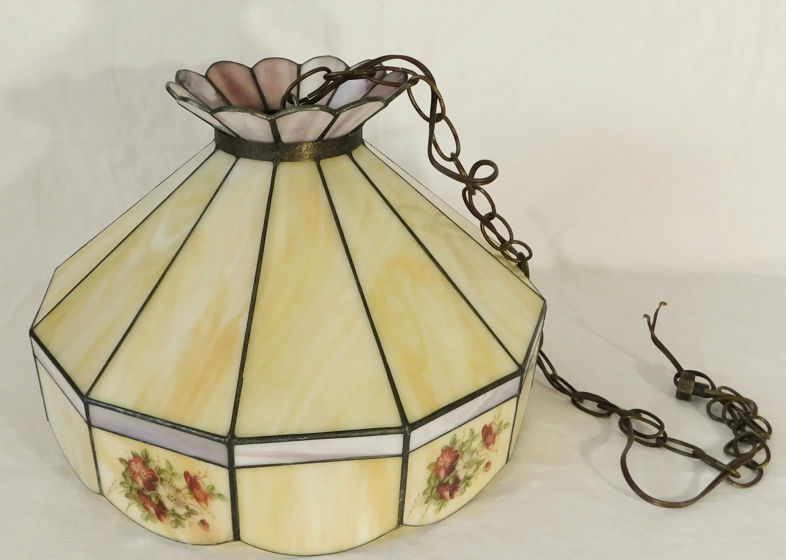 Vintage C1970s Signed Yellow Caramel & Purple Lilac Swirl Slag Glass Floral Pendant Light Chandelier - 5