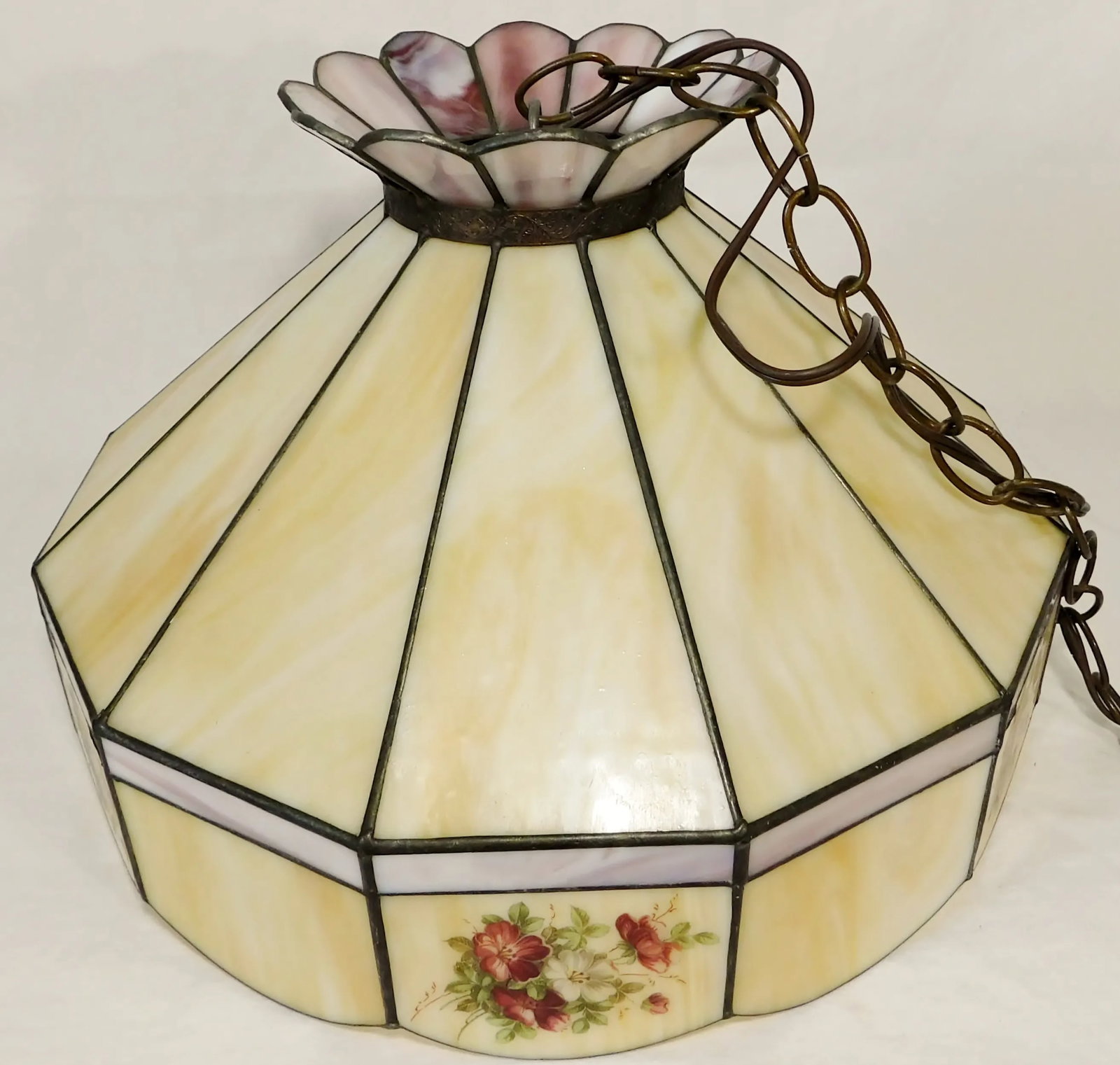 Vintage C1970s Signed Yellow Caramel & Purple Lilac Swirl Slag Glass Floral Pendant Light Chandelier - 6