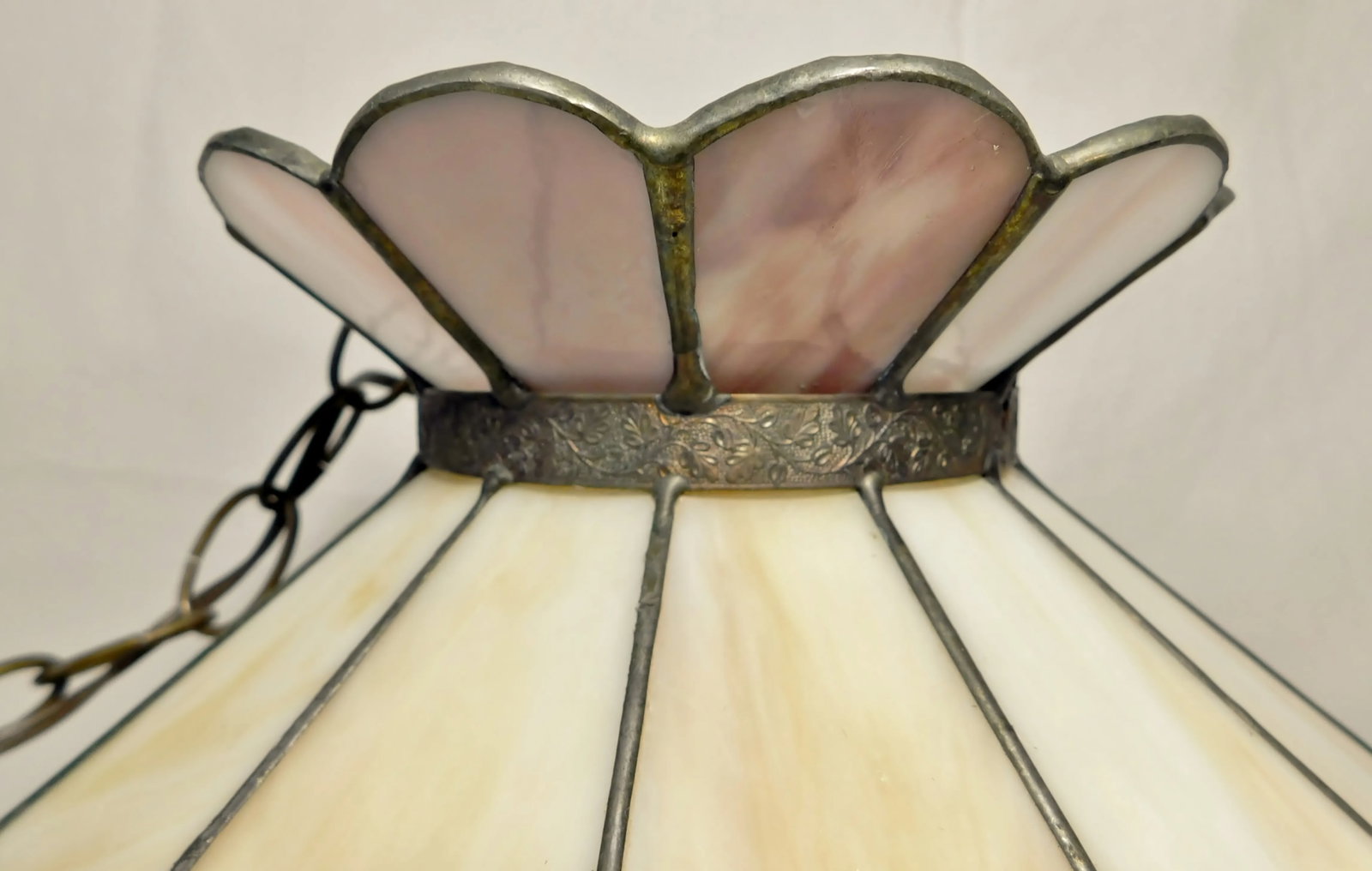 Vintage C1970s Signed Yellow Caramel & Purple Lilac Swirl Slag Glass Floral Pendant Light Chandelier - 7