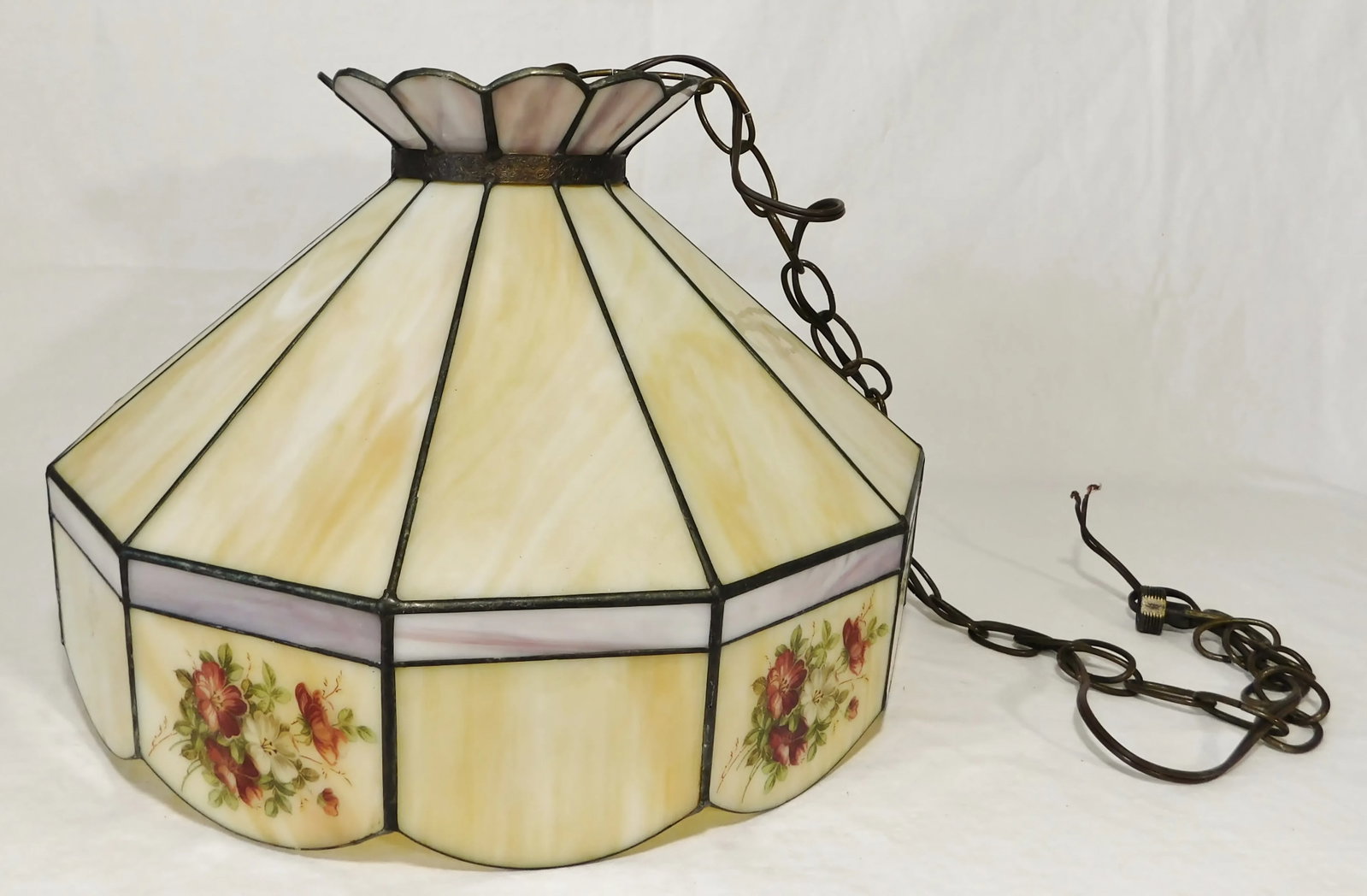 Vintage C1970s Signed Yellow Caramel & Purple Lilac Swirl Slag Glass Floral Pendant Light Chandelier - 8