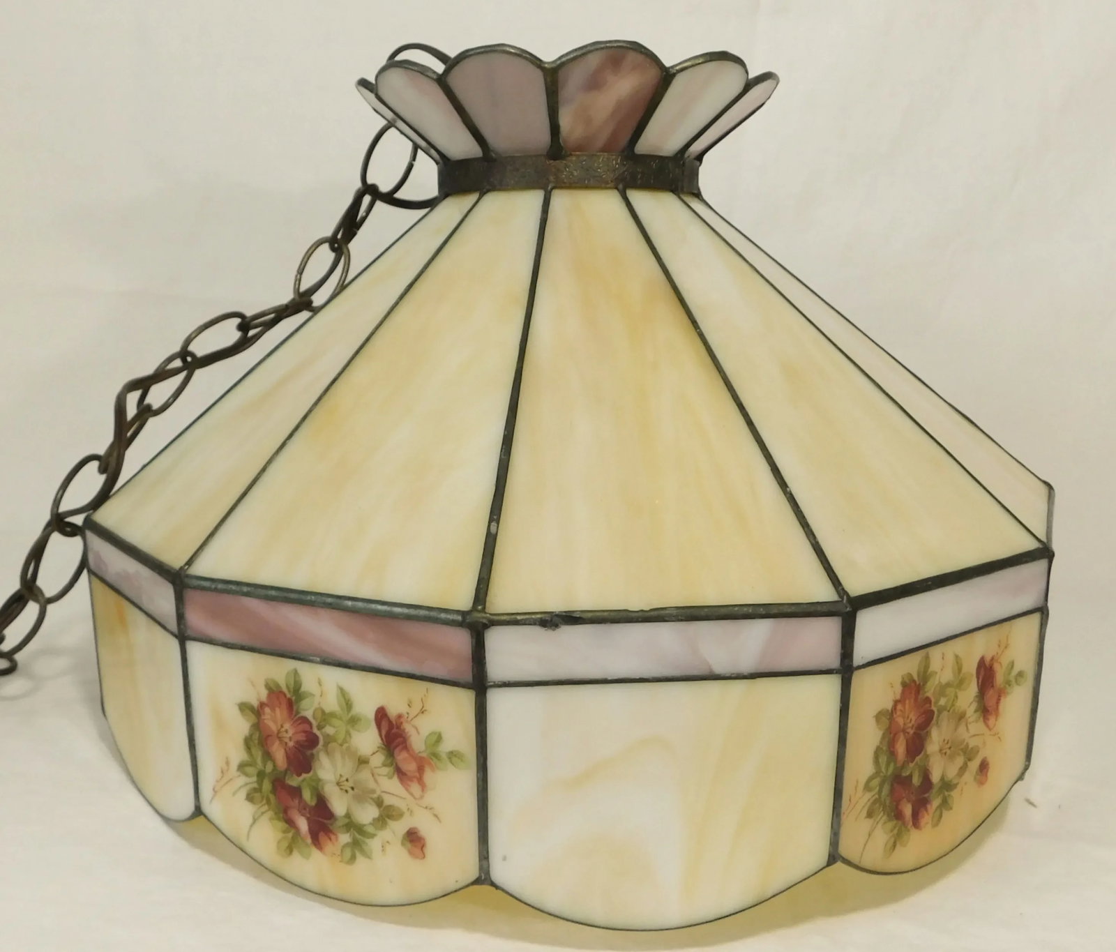 Vintage C1970s Signed Yellow Caramel & Purple Lilac Swirl Slag Glass Floral Pendant Light Chandelier - 9