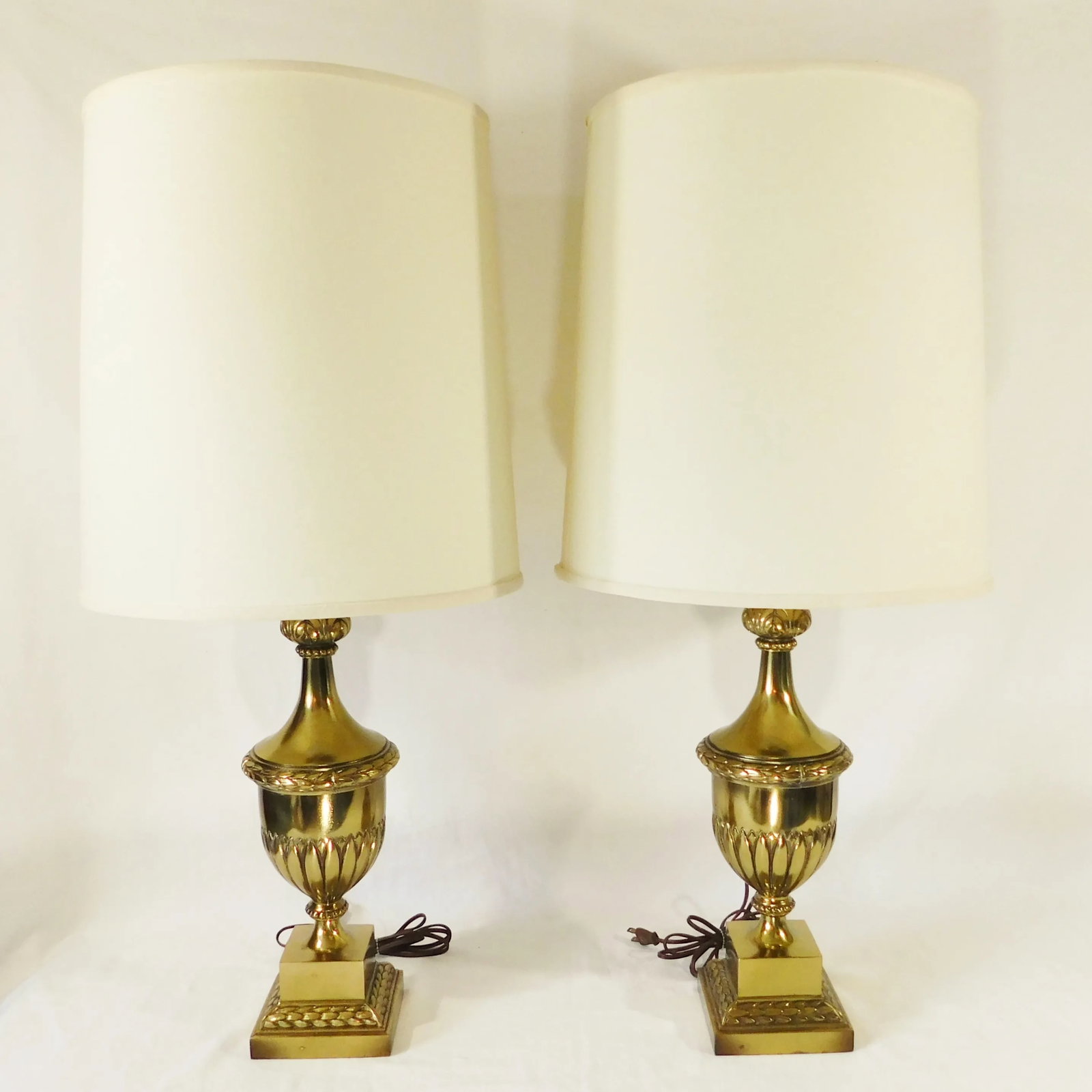 Elegant Pair Vintage Mid Century Gold Metal Table Lamps W/ Matching Shades - 2