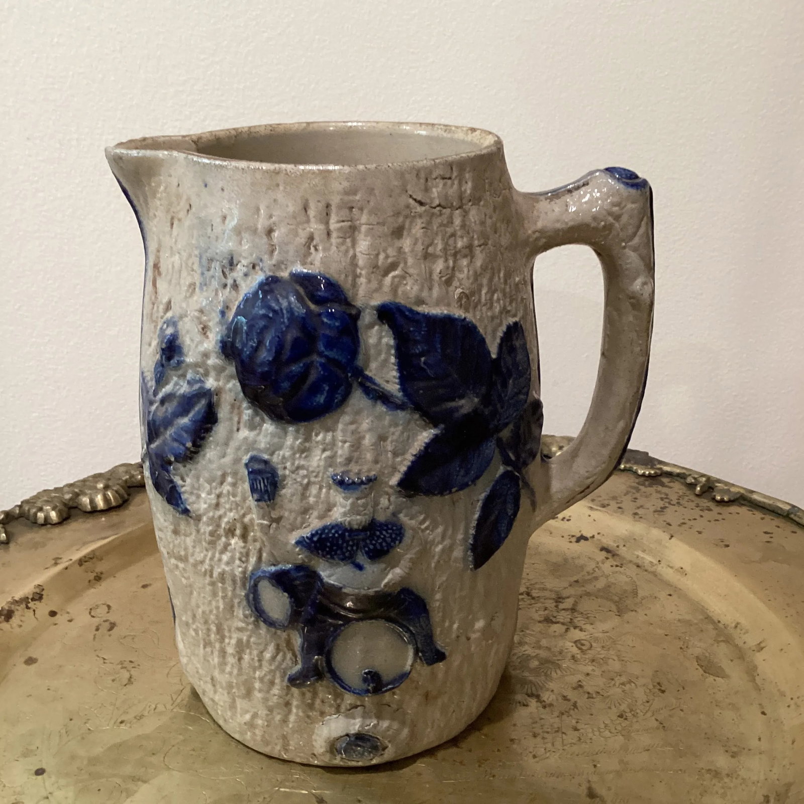 Antique Utica Whites Pottery Ny Blue Decorated Stoneware Jug Pub Scene Motif Circa 1880 - 13